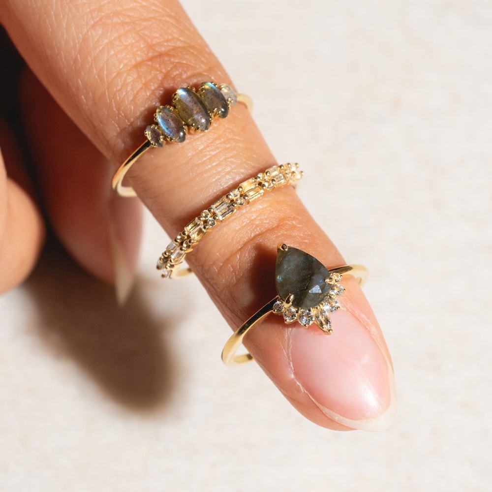 LOCAL ECLECTIC Solid Gold Labradorite Pear Dew Drop Moissanite Halo Dainty Ring - Picture 7 of 9